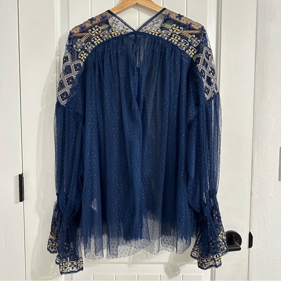 Free People Blue Embroidered Tulle Long Sleeve Top - Picture 6 of 9